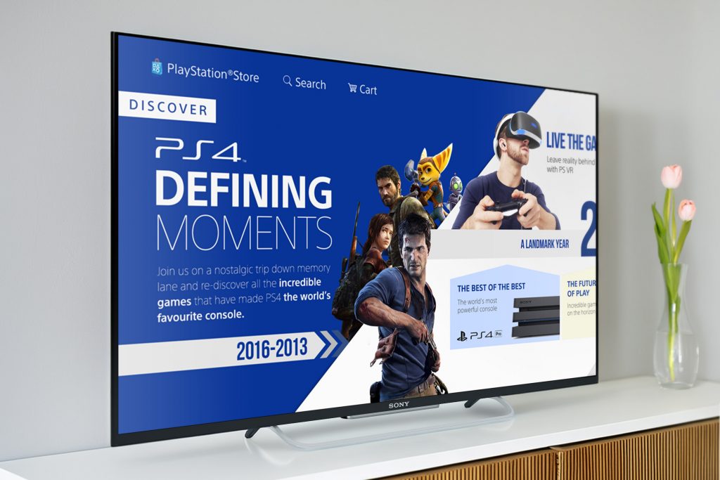 A TV on a shelf showing the PS4 Defining Moments infographic