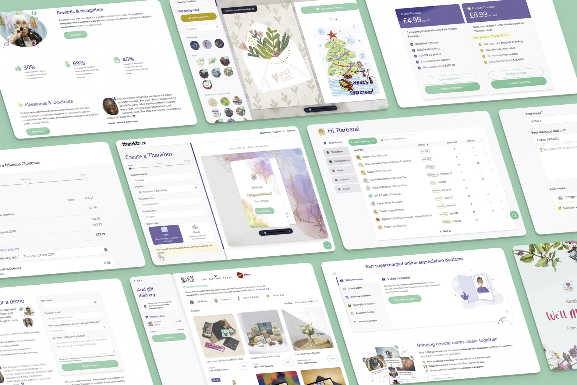 Various screens of the Thankbox website and application