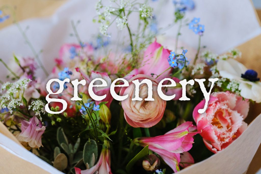 greenery logo with a background of pink flowers